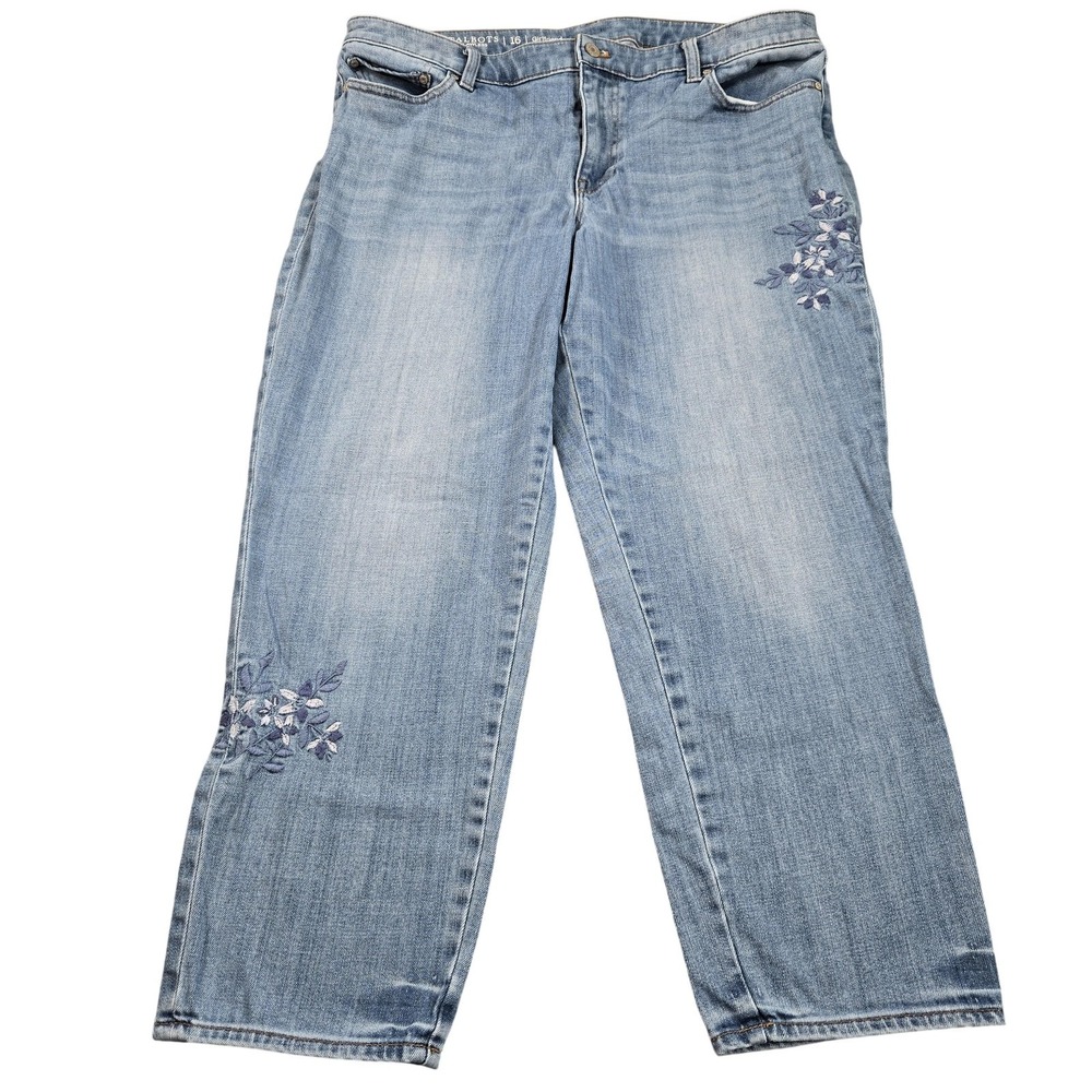 Talbots Flawless Girlfriend Jeans Womens 16 Blue Light Wash Embroidered Floral